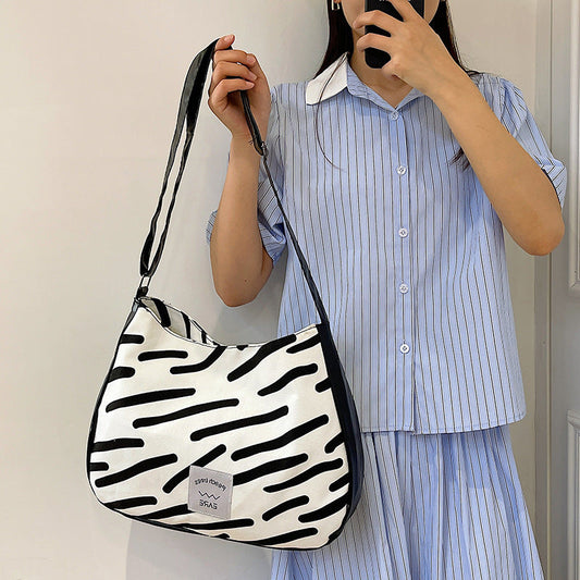 Zebra pattern canvas bag women 2024 new fashion contrast color shoulder bag niche all-match large capacity messenger bag trend 