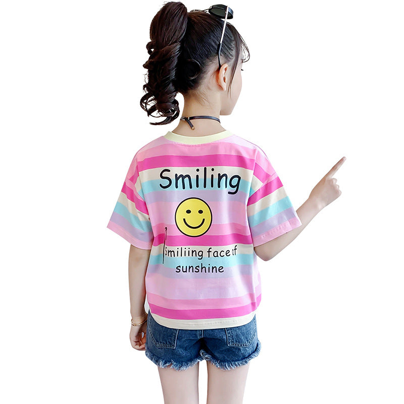 Girls summer T-shirt 2024 new medium and large children's striped color stripe short-sleeved top cotton rainbow casual T-shirt