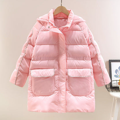 Girls 2024 new cotton-padded winter coat with long waist and skirt, medium and large children's cotton-padded jacket, fat and fashionable