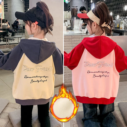 2024 autumn and winter new boys and girls jacket cardigan hooded contrast color loose school season campus primary school middle school trend