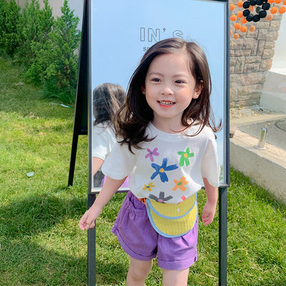 2024 Summer New Korean Version Children's Printed Casual Loose Short Sleeve Boys and Girls Baby Flower Bottom T-Shirt Trend