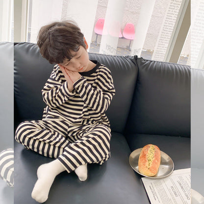 Children's pajamas 2024 spring boys and girls stylish striped home clothes baby pull-up cotton comfortable two-piece pants suit