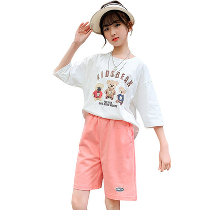 Girls summer short-sleeved T-shirt cotton loose elastic sweat-absorbent middle and large children primary school students junior high school students hypertrophy cartoon white tide