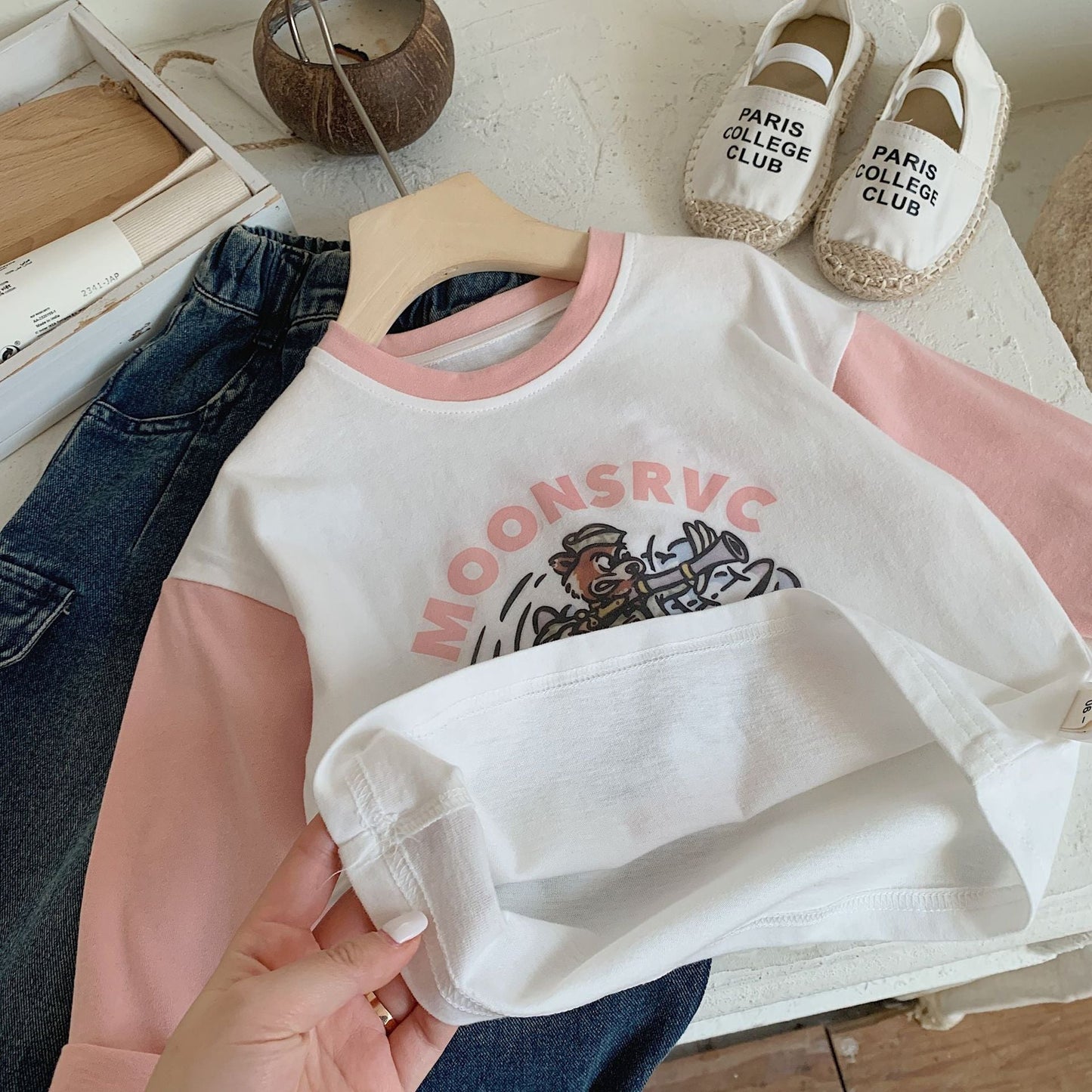 Children's T-shirt Bangcheng 2024 Spring Children's Clothing Cartoon Print Girls Pullover Boys Color Matching Top Trend G0067