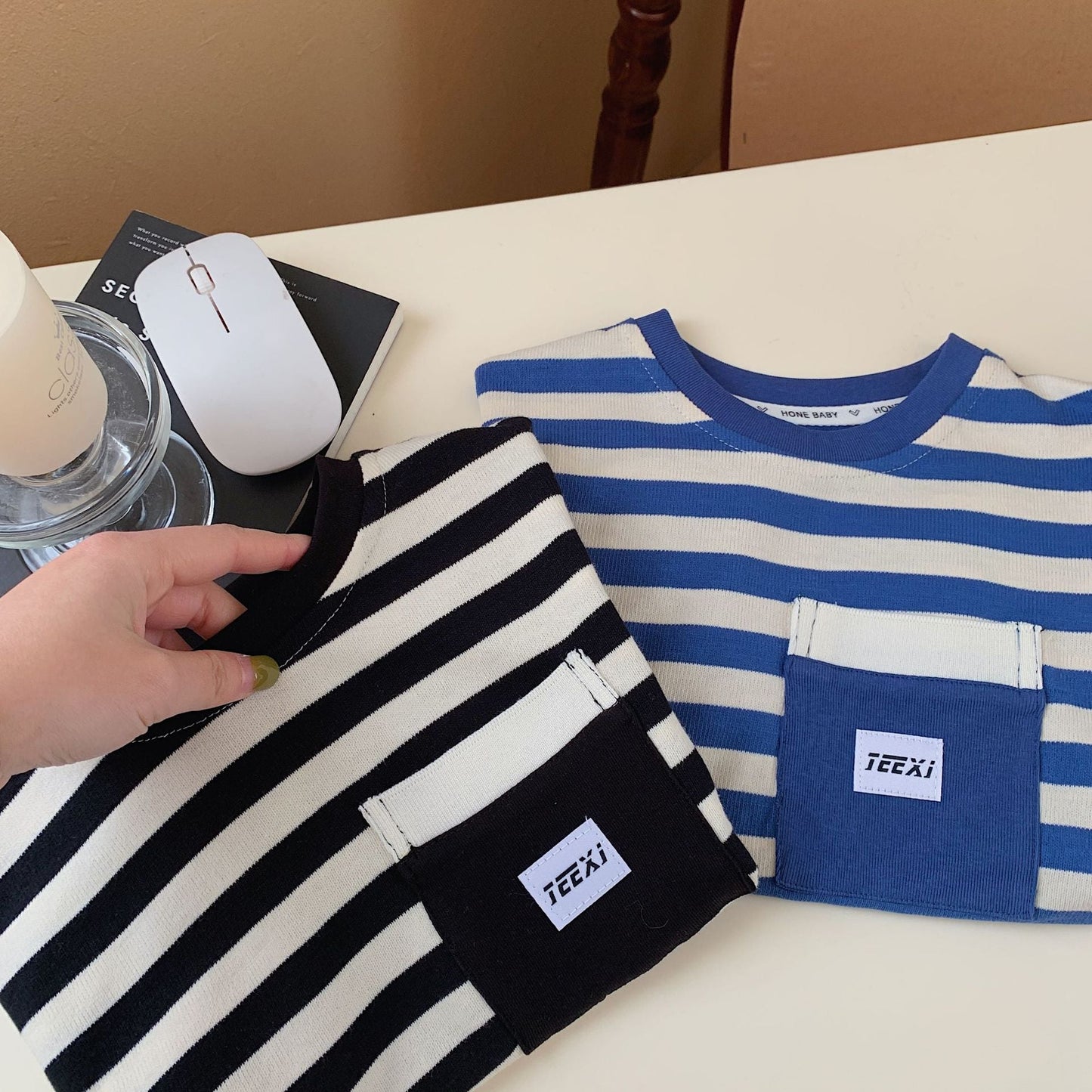 Children's T-shirt 2023 Bangcheng summer style boys and small children classic striped pocket short-sleeved T-shirt pullover top F0079