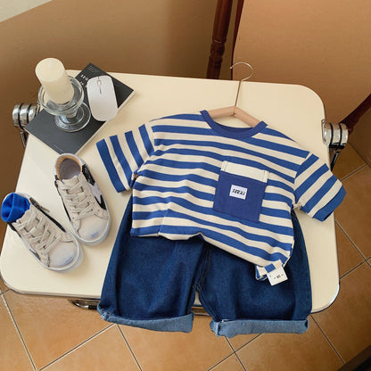 Children's T-shirt 2023 Bangcheng summer style boys and small children classic striped pocket short-sleeved T-shirt pullover top F0079