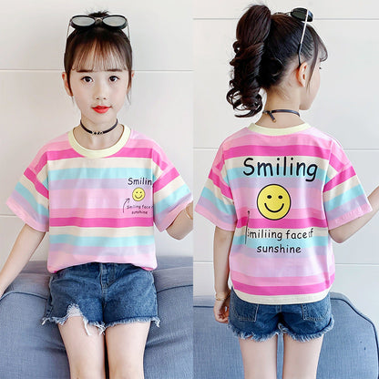 Girls summer T-shirt 2024 new medium and large children's striped color stripe short-sleeved top cotton rainbow casual T-shirt