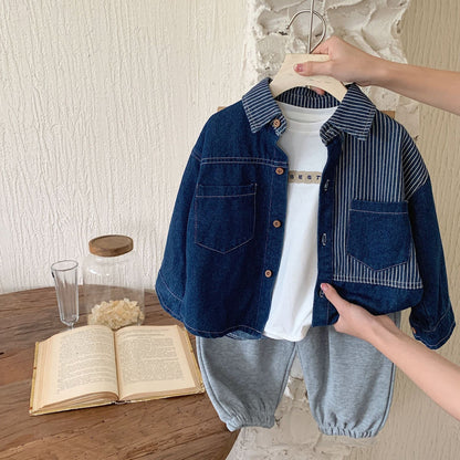 Children's shirt 2024 Bangcheng Spring Korean Boys Splicing Denim Shirt Baby Fashion Jacket Trend F0296