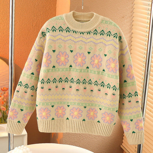 Girls 2024 new sweater pastoral style forest sweater Korean flower Japanese light green student campus style