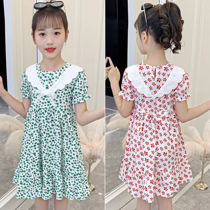 Summer children's pure cotton French palace puff sleeve dress short-sleeved floral princess middle and large children's stylish slim trend