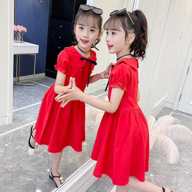 Girls short-sleeved dress summer new style solid color cotton dress pure cotton dress short-sleeved doll collar dress princess dress