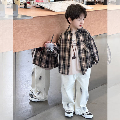 Amo Beibei 2024 Spring Children's Shirt Boys Handsome Korean Lapel Top Baby Loose Plaid Shirt