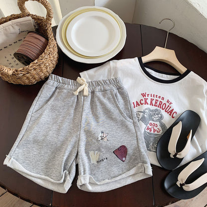 Children's casual pants Bangcheng 2024 summer boys striped shorts children's clothing love print cuffed shorts G0179