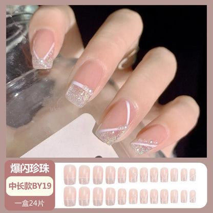 Nail art wearable nail wholesale Xiaohongshu hot short ice transparent bare skin gilded broken diamond finished nail piece nail patch