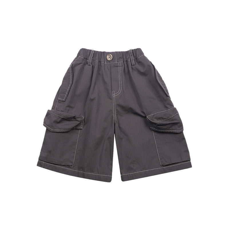 Amo Beibei boy 2024 summer twill washed cotton shorts baby big pocket handsome loose overalls trend