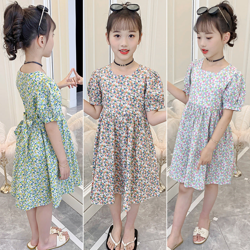 2024 Summer Girls French Sleeve New Dress Square Neck Floral Skirt Short Sleeve Pastoral Look Slim and Trendy