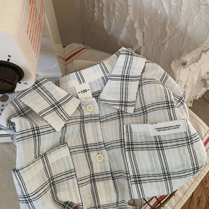 Children's shirt 2023 Bangcheng summer style boys and small children's simple plaid short-sleeved shirt casual top trend F0106