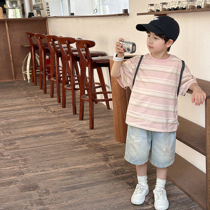 Amo Baby Children's 2024 Summer Style Western Style Short-sleeved Top Baby Color Striped Vitality Cotton Loose T-shirt Trendy