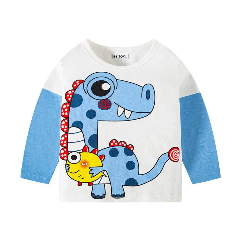 betop children's clothing new spring and autumn children's long-sleeved T-shirt trendy cartoon dinosaur sleeves boy's top round neck knitted