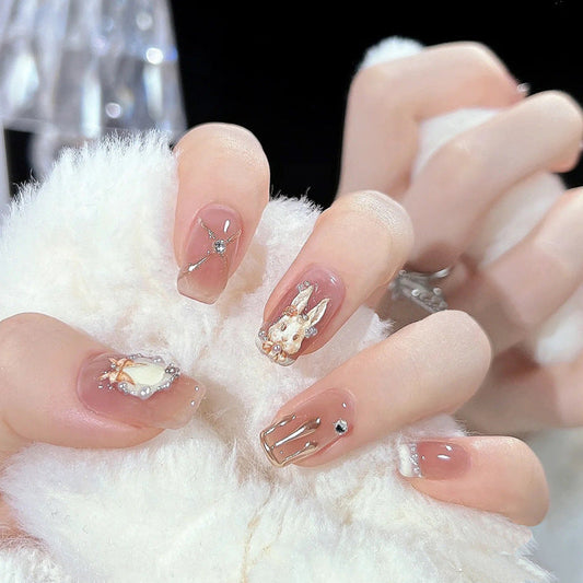 Internet celebrity handmade wear nail wholesale French ins style nude rabbit gilded nail stickers hot girl nail jelly glue 