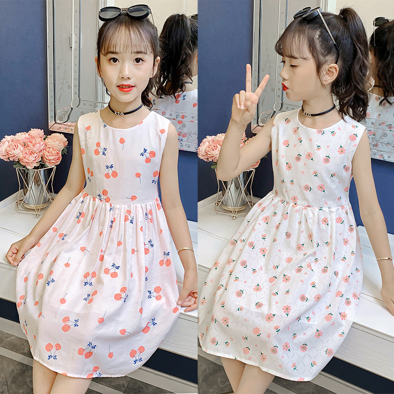 Girls Dress 2024 Summer New Style Children's Style Printed Cotton Skirt Little Girls Sleeveless Cartoon Tank Top