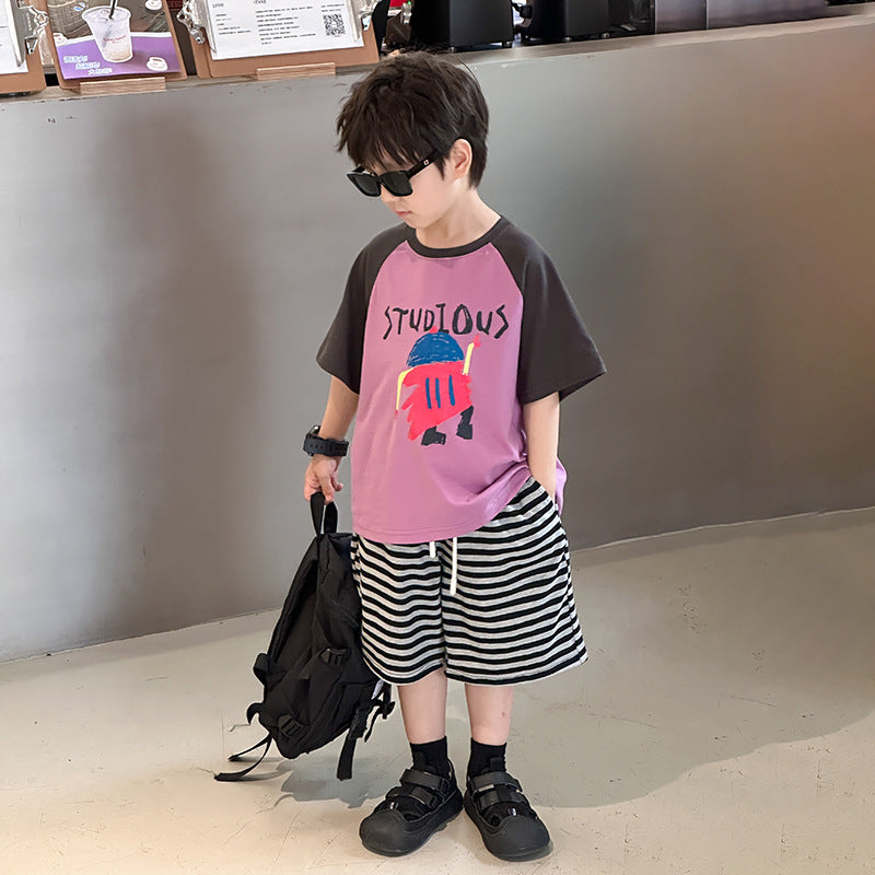 Amo Beibei 2024 summer children's handsome color matching tops for boys and girls Korean version cartoon raglan short-sleeved T-shirt