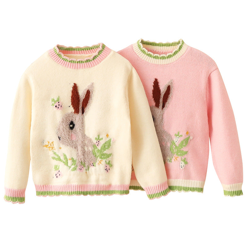 Winter girls baby cartoon bunny sweater fluffy sweater elastic children warm thick bottom outer wear trendy