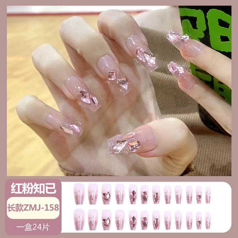 Wearable nail tips wholesale medium and long ice transparent oolong gradient peach nail art finished nail stickers false nails