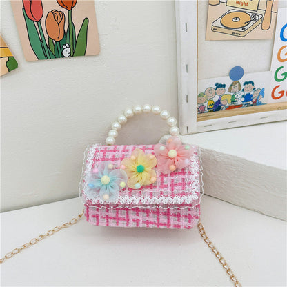 New diamond pattern children's bag fashionable pearl handbag simple chain crossbody small square bag small Chanel style shoulder bag