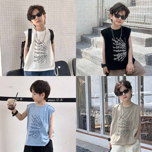 Amo Beibei children's tops 2024 boys summer style letter ice extract cotton comfortable vest baby loose bottoming shirt