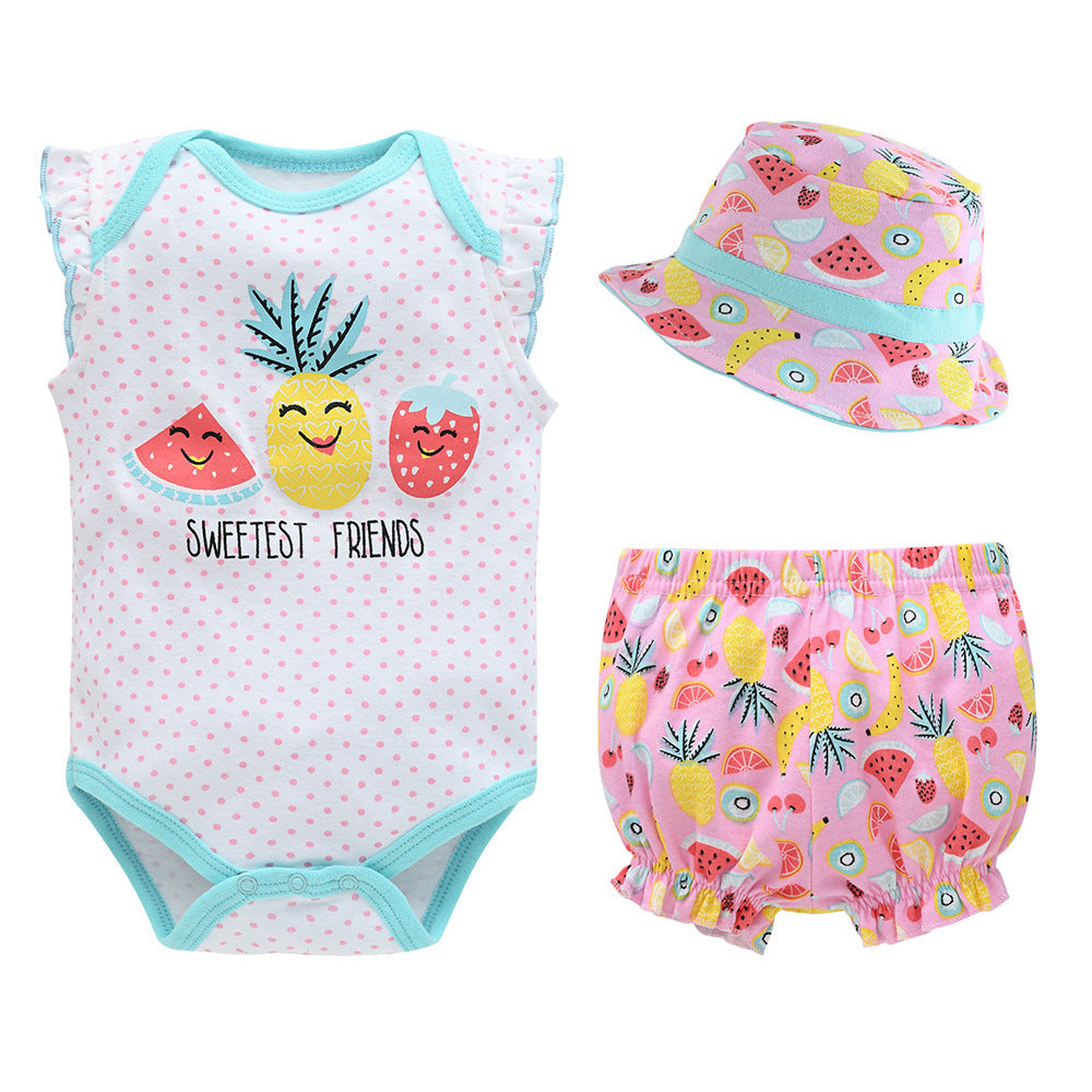 Baby suit three-piece set manufacturer 2024 summer new short-sleeved romper pants newborn clothes children's suit 