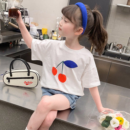 Girls Summer Short-sleeved T-shirt Cotton Top Children's Summer Style Net Red Cherry Print Kindergarten Elementary School Loose Elastic