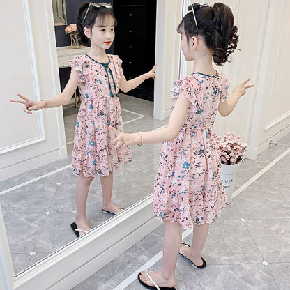 Girls floral chiffon dress 2024 new summer vest dress girl stylish skirt children's princess dress