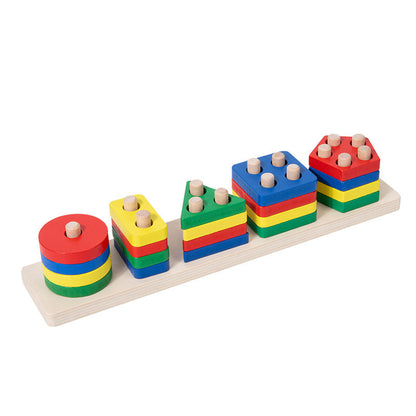 Wooden geometric shape set of columns wooden five sets of columns young children Montessori early education cognitive building blocks matching wisdom puzzle