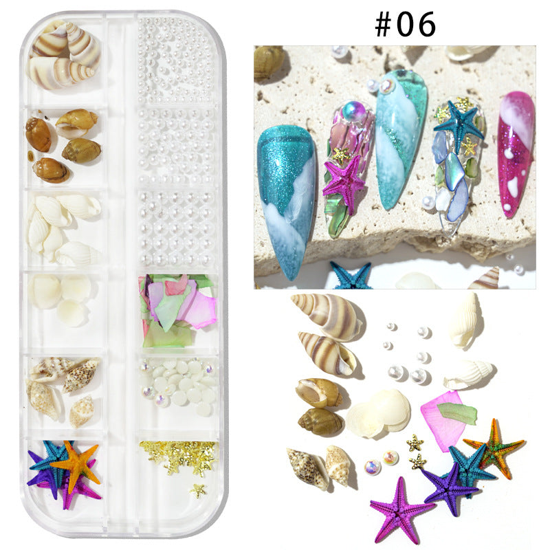 Cross-border hot selling ocean storm nail accessories natural starfish conch shell slices abalone slices 12 grid mixed