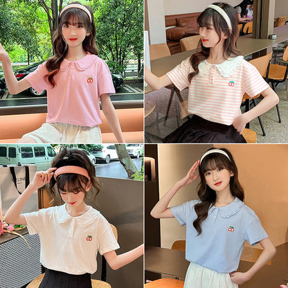 Summer Girls Short Sleeve POLO Shirt Tops Doll Collar Baseball Jacket Tennis Jacket Cotton Middle and Large Children Striped Shirt Sports