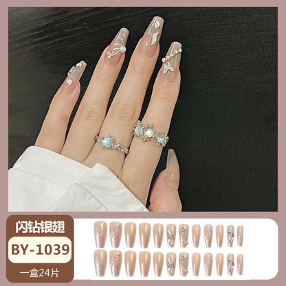 Douyin hot-selling handmade wearable nails medium and long French butterfly diamond whitening nail stickers nail art nail tips wholesale