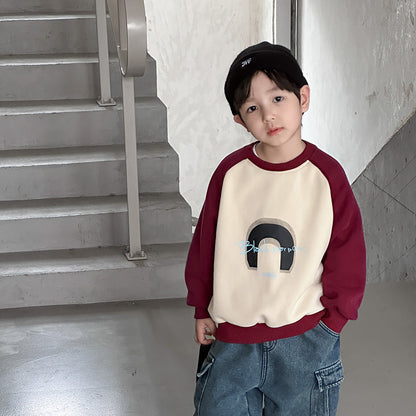 Amo Beibei children's winter plus velvet contrast color tops for boys and girls cute cartoon raglan fleece sweatshirt