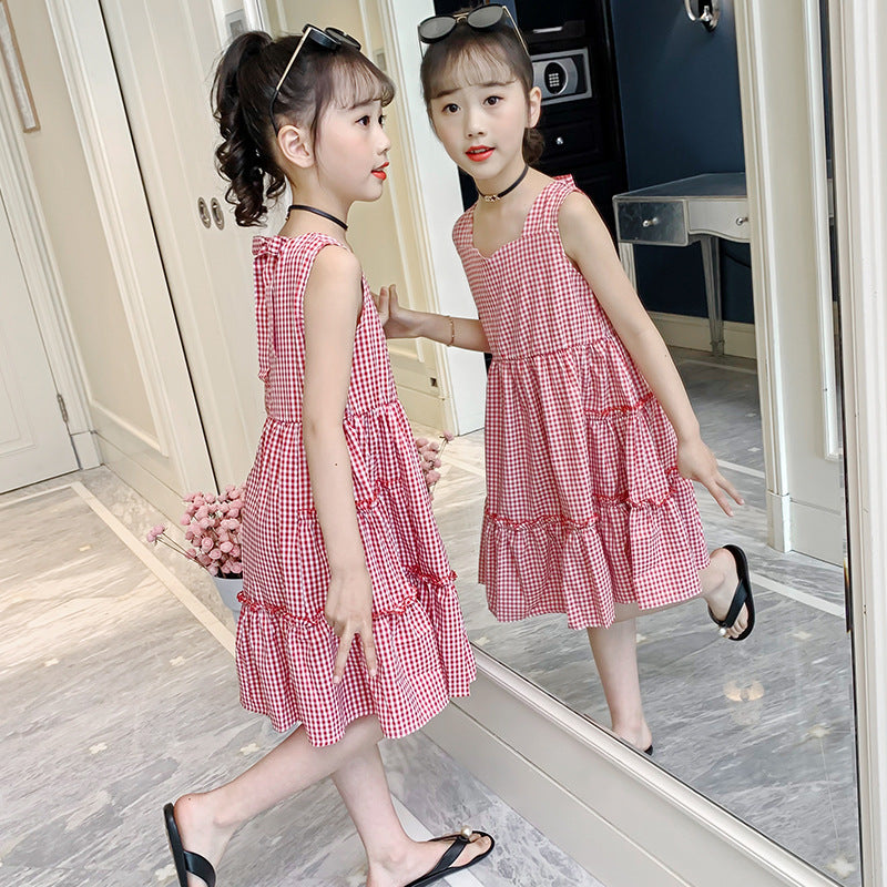 Girls summer plaid dress 2024 new Korean version petal collar plaid vest skirt Internet celebrity princess skirt trend