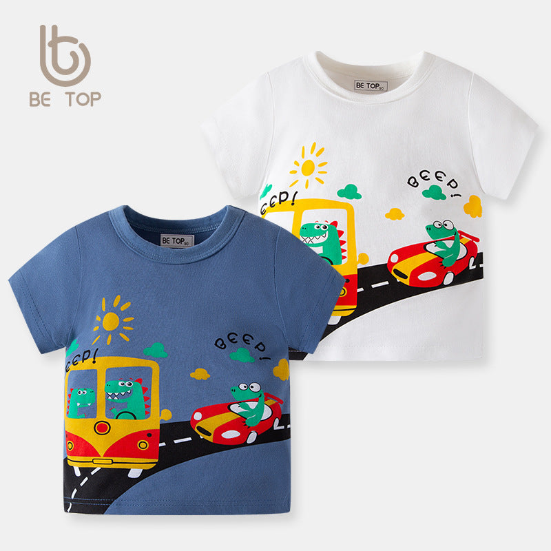 2024 New Boys Summer Children's Short-sleeved T-shirt Car Cartoon Boys T-shirt Half-sleeved Cotton Baby Top