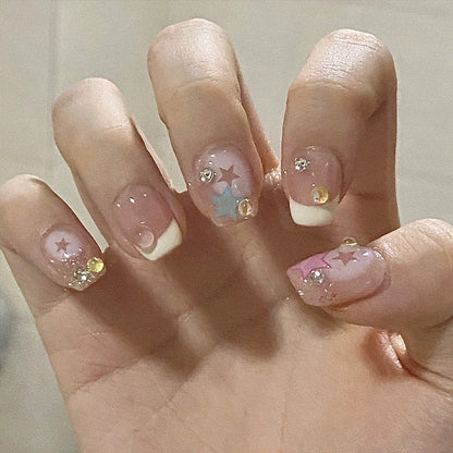 Hand-made nail art wholesale short ice-transparent star diamond chain nail stickers nail stickers finished white glitter nail stickers