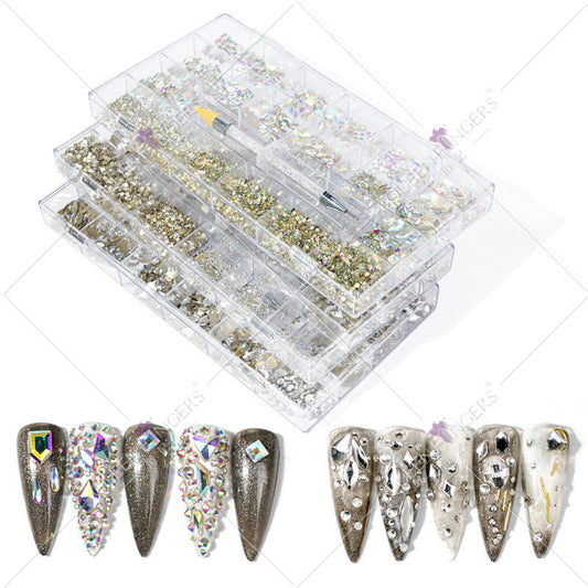 Nail art diamond jewelry 21-grid flat-bottomed special-shaped diamonds of different sizes mixed nail art diamonds special-shaped glass diamonds DIY accessories set