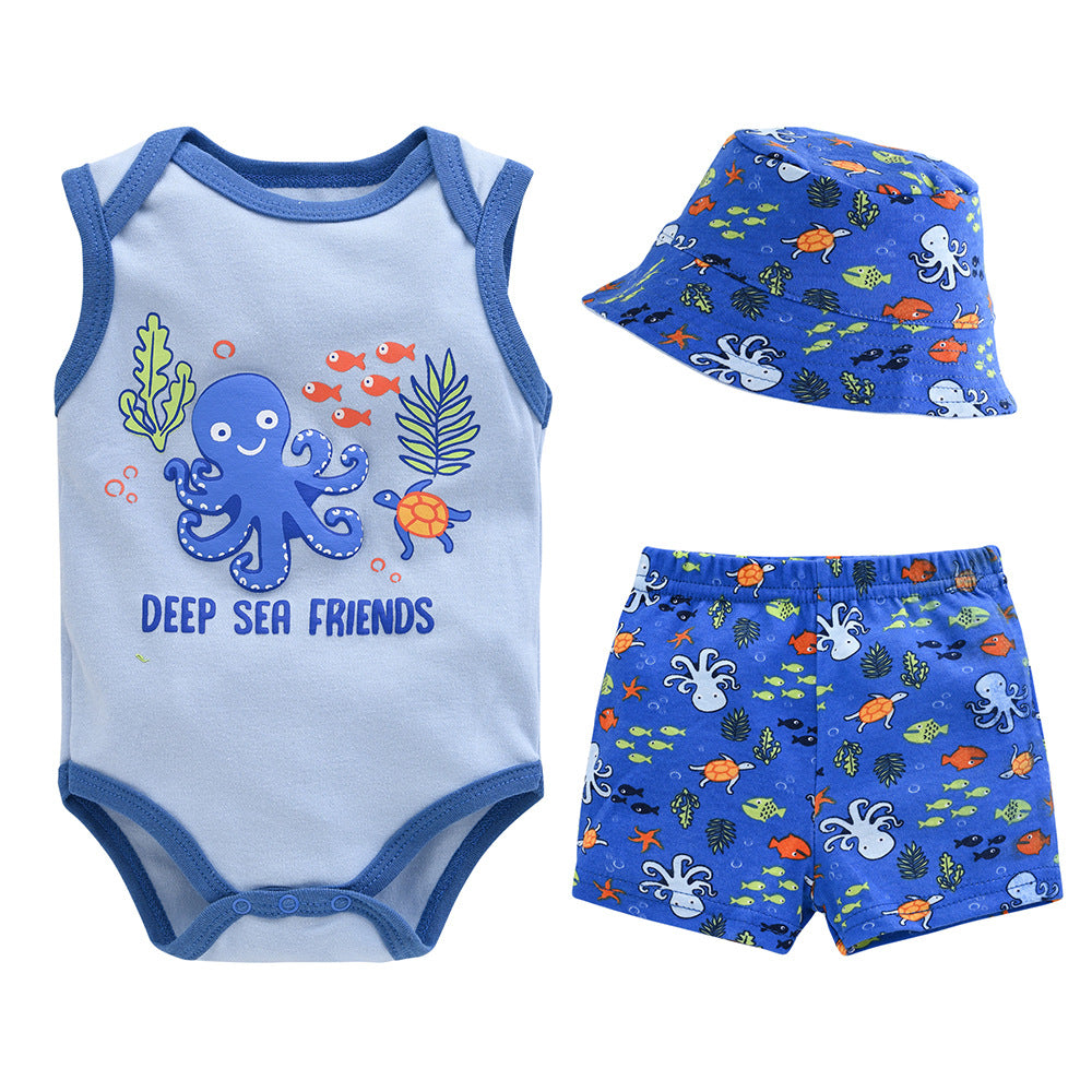 Baby suit three-piece set manufacturer 2024 summer new short-sleeved romper pants newborn clothes children's suit 