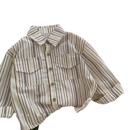 Children's shirt 2024 Bangcheng spring new boy vertical striped pocket shirt small fresh top trend C0202