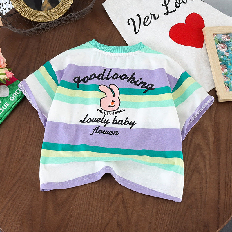 Children's summer short-sleeved tops cotton T-shirt striped shirt elastic loose small children kindergarten primary school fat sweat tide