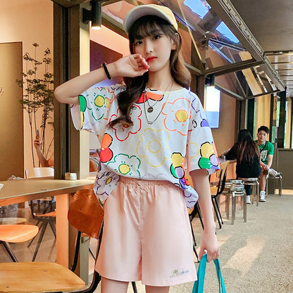 Summer girls flower short-sleeved tops cotton T elastic loose graffiti print fat middle and large children junior high school elementary school T