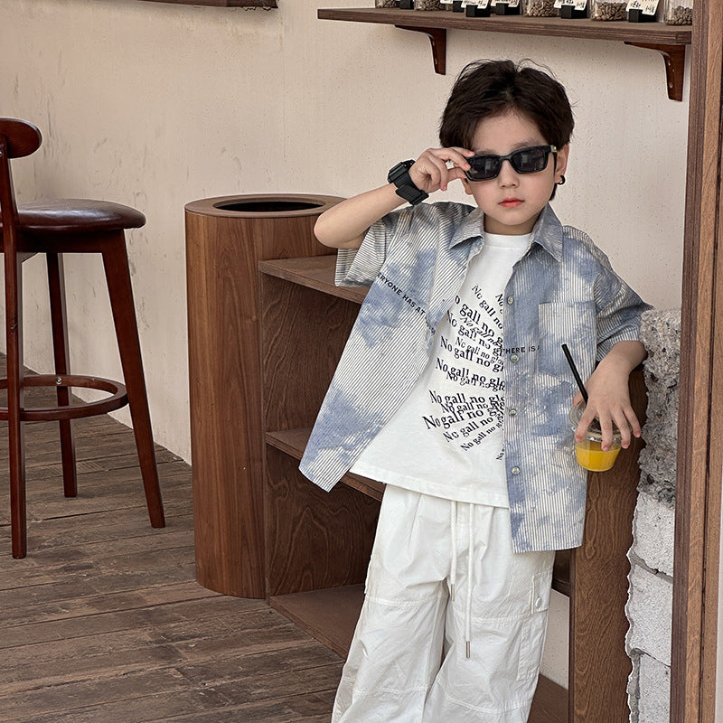 Amo Beibei children's casual short-sleeved tops for boys 2024 summer Korean version handsome tie-dye letter striped shirt trend