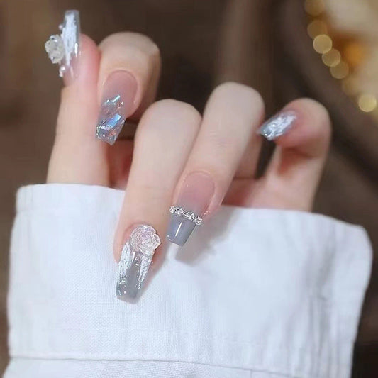 Hand-made wearable nail pieces wholesale medium and long ice camellia chain nail patches removable nail art finished products