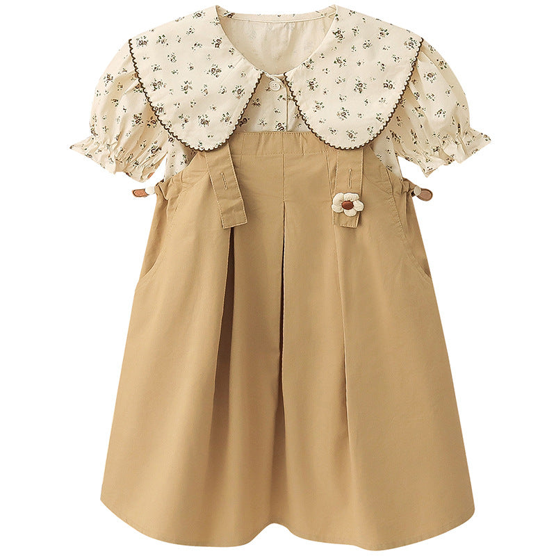 Girls' summer cotton suit floral overalls skirt pure cotton Korean style two-piece suit for small and medium-sized children soft, thin, wide and fat