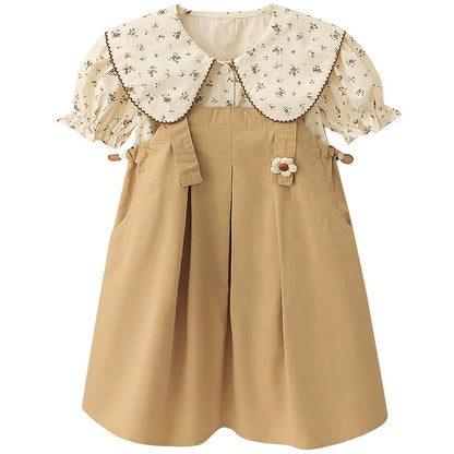 Girls' summer cotton suit floral overalls skirt pure cotton Korean style two-piece suit for small and medium-sized children soft, thin, wide and fat